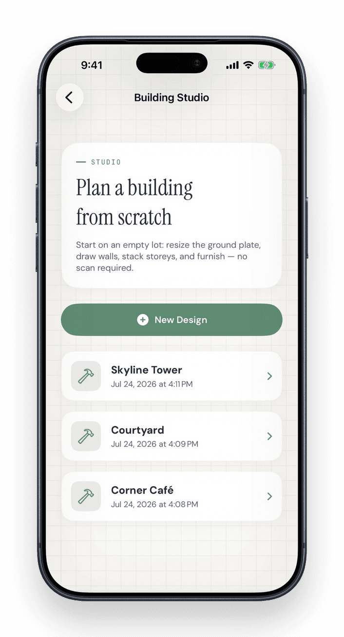Building Studio menu — start a new 3D design without scanning