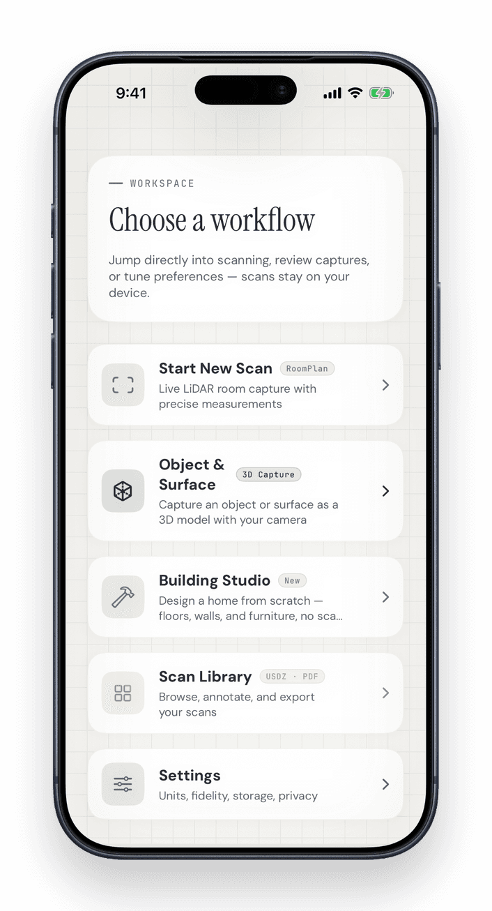 Home — scan rooms, capture objects and open Building Studio