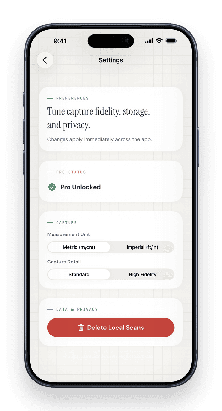 Settings — capture fidelity, units, storage and privacy
