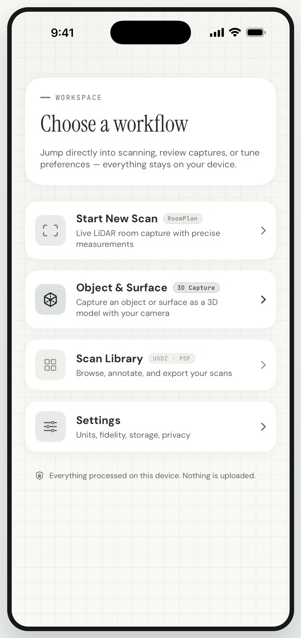 Lidar Scanner app — home screen with Start New Scan and recent room scans