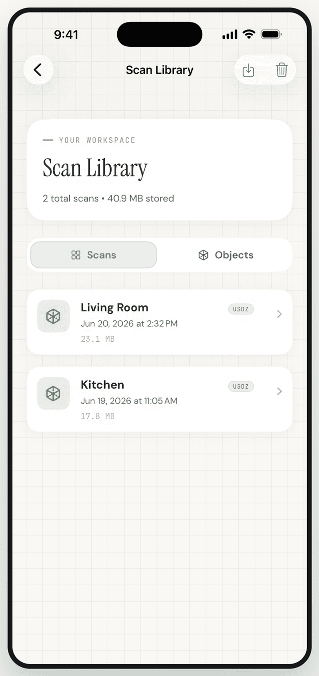 Scan library — browse, annotate and export captures