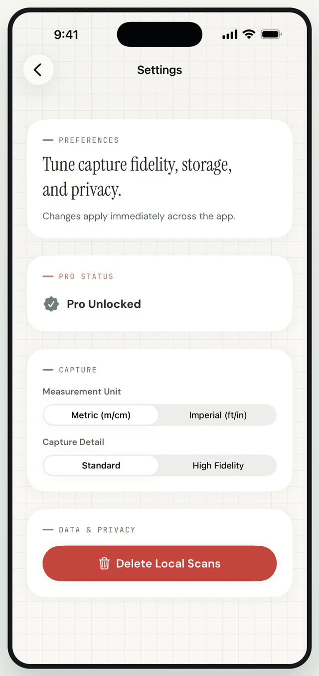 Settings — units, fidelity, storage and privacy